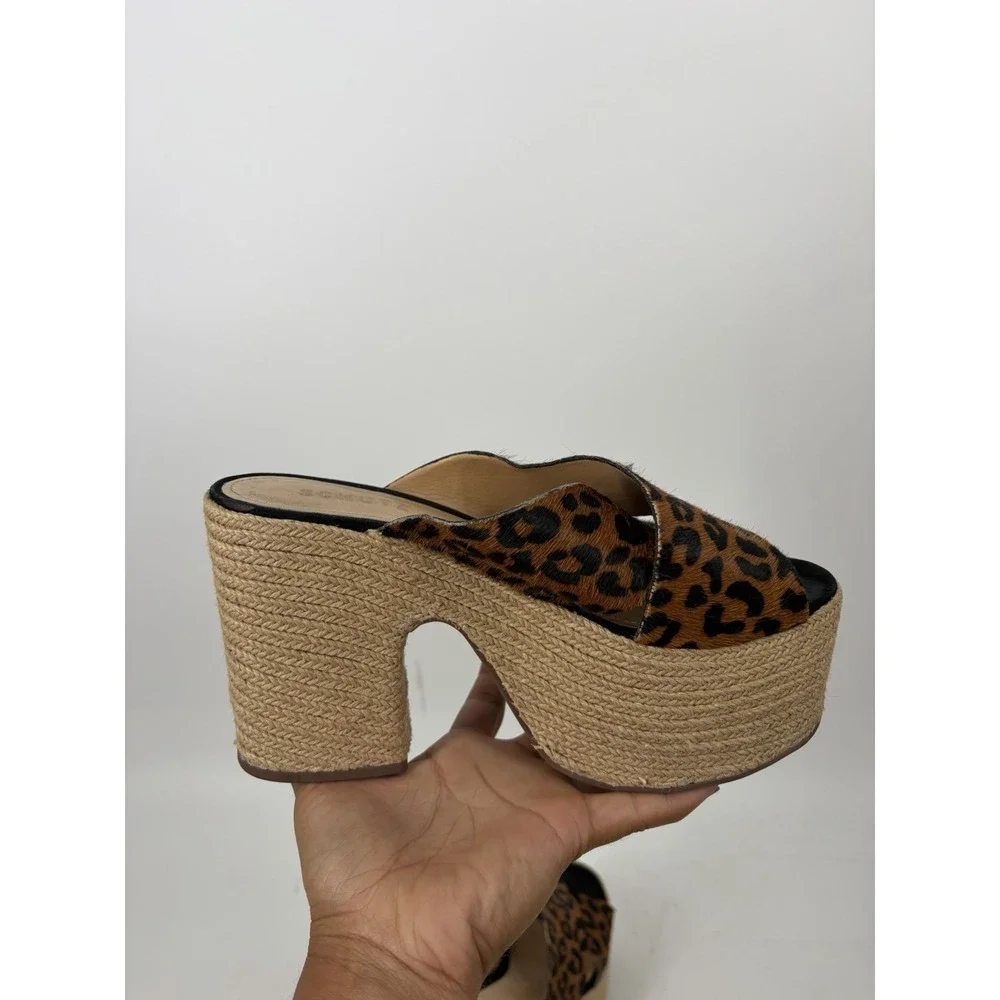 Schutz Lora Leopard Calf Hair Platform Espadrille Mule Heels Womens 7 Chunky